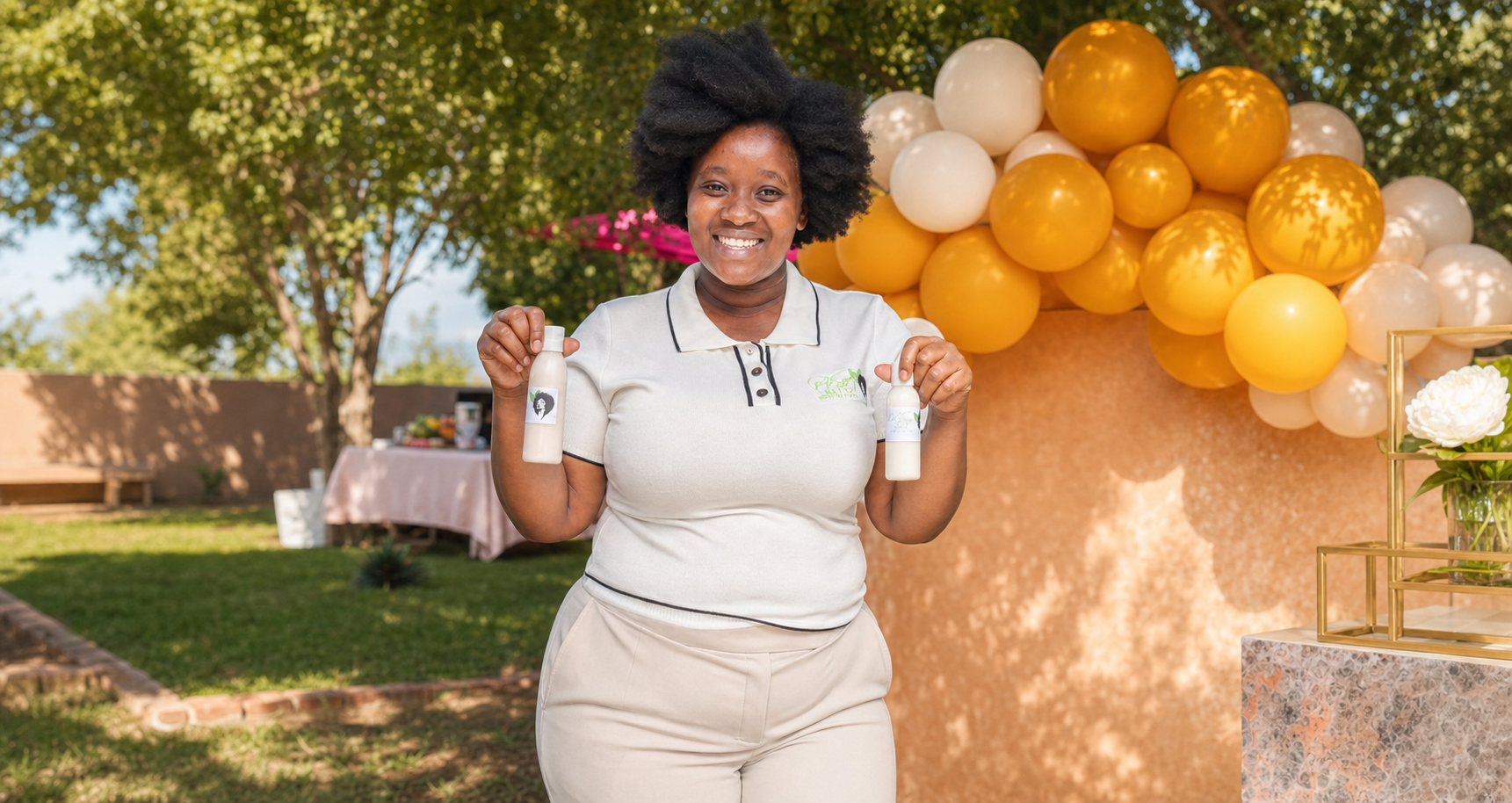 Mosadi Ke Bontle founder holding hair moisturizer products